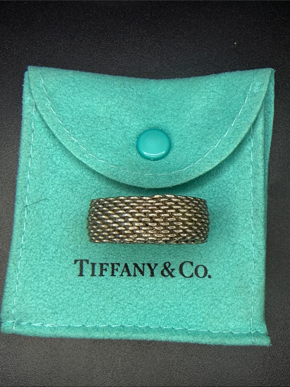 Tiffany & Co. Gold Woven Rope Ring with Turquoise Pouch
